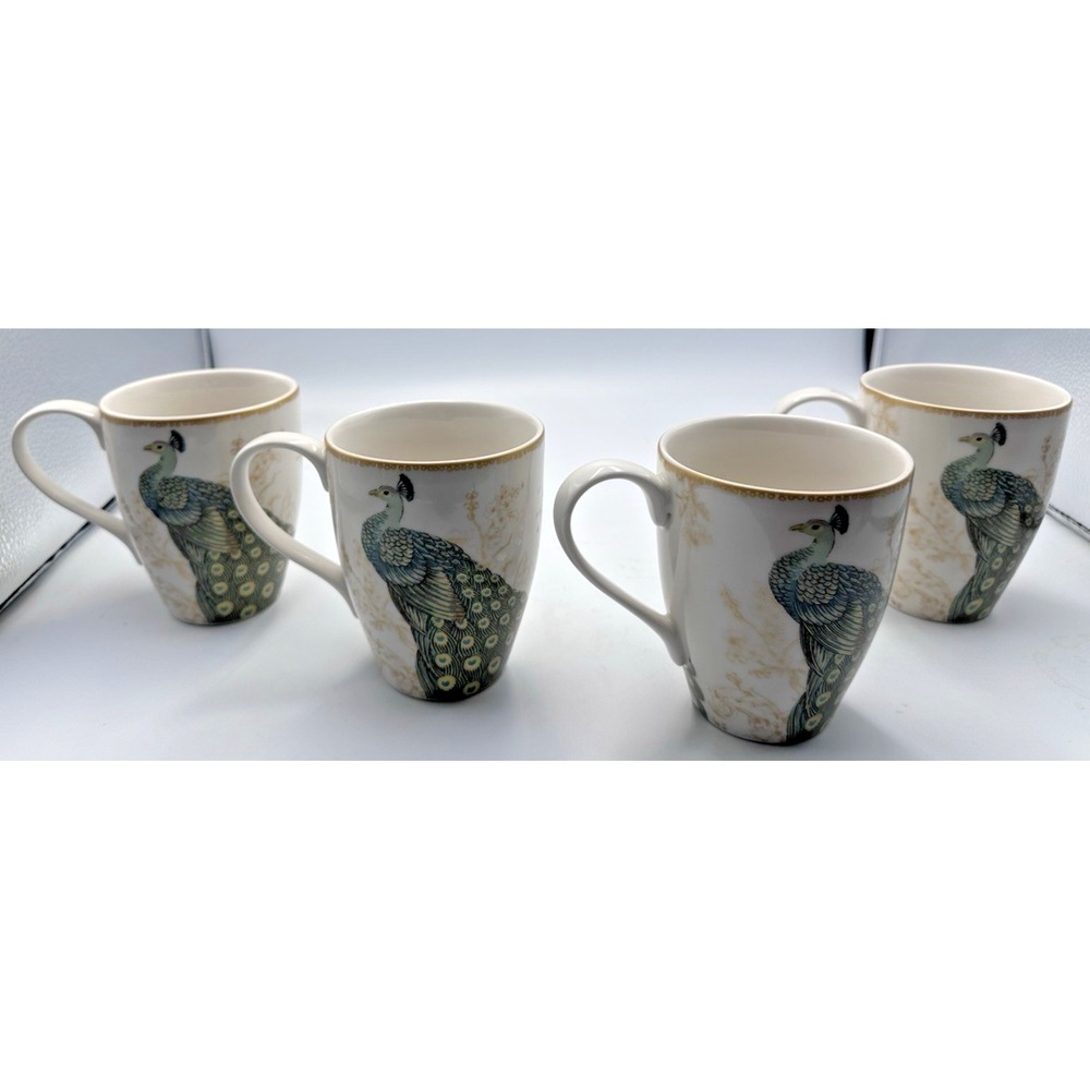 222 fifth set of 4 mugs serene peacock fine china porcelaine fine